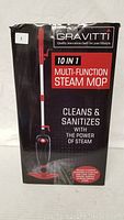 Front of box showing the Gravitti 10 in 1 multi-function steam mop image and branding.