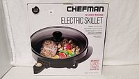 Box of a new Chefman 12-inch round electric skillet, showing product image and brand.