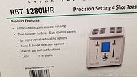 Photo of product features and box showing model number RBT-1280IHR and key features like brushed stainless steel, dual control panels, toast/shade options, cancel/defrost, LCD display.
