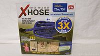 Box front showing Big Boss X Hose branding, 75 ft expansion length, and features like no kinking, lightweight, and easy storage.