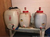 Three extra large home brewing vats made by Graf and Hillary's Pagani arranged on a wooden bench against a cinder block wall, showing front view with lids, airlocks and spigots