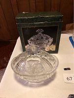 Polish lead crystal covered dish with its original box, showing floral etchings and a knob on top
