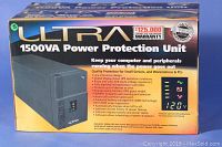 Original packaging box for Ultra 1500VA Power Protection Unit showing features, warranty and product image.