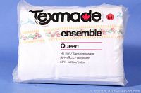 Front view of original packaging showing Texmade brand, queen size, fabric composition (50% cotton 50% polyester), and no iron feature.