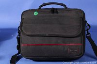 Front view of black laptop case with shoulder strap and front pocket