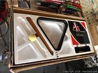 Set of billiard balls with cue stick and black triangle rack inside box with fitted foam insert