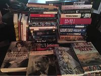 Two photos showing a collection of approximately 28 assorted books featuring biographies, fiction classics, and popular authors.