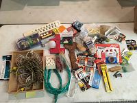 Full view of assorted hardware lot including bungee cords, rope, various batteries, lightbulbs, bike chain, and small tools and accessories spread on white surface.