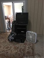 View of Panasonic TV on black stand with GE microwave, white box fan in front, green folding chairs behind, and three car hubcaps on carpeted floor.