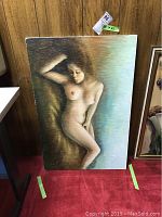Full view of the original painting depicting a reclining nude woman on a textured canvas, size approximately 36x24 inches.