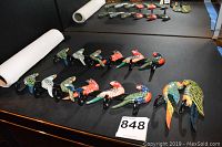 Full view of all 7 colorful parrot wall hooks laid out in a row on a black surface.