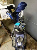Golf bag filled with 13 women's golf clubs with head covers visible, including Powerbuilt and Henry-Griffitts. Seen is the top of the clubs and club faces under head covers.