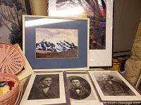 Framed portraits of Henry David Thoreau, Ralph Waldo Emerson, Nathaniel Hawthorne, and a Bolivia Andes mountain collage photo print.