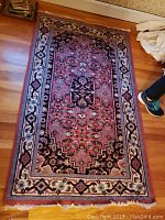 Full view of the rectangular area rug laid flat on the floor, showing its oriental design and color scheme.
