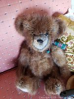 Close-up of first mohair teddy bear showing detailed face and furry textured brown coat
