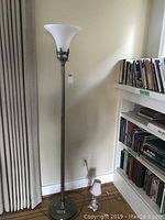 Full view of floor lamp standing next to curtain and small table lamp on the floor near a bookshelf.