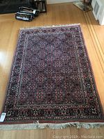 Full photo of first oriental-style rug with medallion pattern and fringes on wood floor