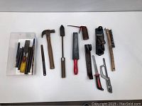 Full lot of assorted hand tools displayed in a row showing 12 items including chisels, hammer, file, saw, wire brush, oil can, and hand planer.