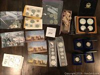 Top-down overview of all coin sets, loose coins in bags and envelopes, medallion case, and boxed coins