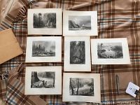 Seven different Bartlett landscape prints laid out on a plaid fabric, showing various nature scenes in black and white with visible staining.