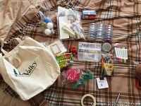 Overview of all items in lot including beads, markers, crayons, tape, pom-poms, paper scraps, and carrying bag on a plaid blanket.