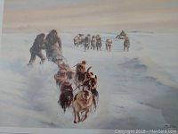 Close up of the signed print showing the sled dogs, two mushers and snowy icy terrain under a muted sky.