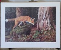 Print showing a fox in a detailed forest scene with trees and moss-covered ground.