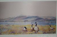 Frontal view of the signed limited edition print titled 'Walkabout' showing geese by wetlands and mountains.