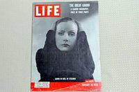 Front cover of Life magazine January 10, 1955, featuring Greta Garbo's portrait with hooded shawl.