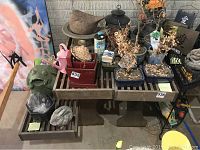 Overview photo showing ceramic planters with dried plants, Asian-style lantern, garden ornaments, watering can