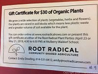 Photo of the gift certificate showing $30 value for organic plants from Root Radical with contact and website details.
