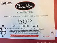 Photo of a $50 gift certificate for Chien Noir Bistro and Brasserie, includes details such as address, contact number, website, and terms of use.