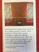 Promotional poster for Couples Cave service featuring fireplace image flanked by zebra-print curtains and text describing pamper session.