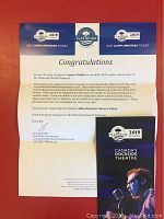 Two complimentary tickets for the 2019 season of 1000 Islands Playhouse with a letter of congratulations and a promotional flyer visible.