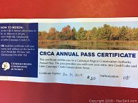 Photo of the CRCA Annual Pass Certificate, showing scenic nature photo and official text outlining usage and expiration.
