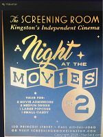 Photo of a printed A Night at the Movies pass from The Screening Room, Kingston's Independent Cinema, showing offer details for 2 admissions, drinks, popcorn, and candy.