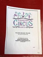 Photo of one aerial class pass paper from Kingston Circus Arts, showing the value and contact details