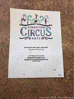 Paper voucher for an aerial class pass at Kingston Circus Arts with logo and contact details.
