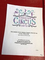 Photo of a printed certificate titled Kingston Circus Arts showing details of a six-class family circus pass for up to four participants.