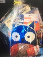 Skip Hop blue owl backpack with large white eyes and red chest part, wrapped in clear plastic with visible children's books and bottle inside the wrapping.