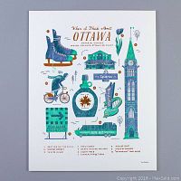 Photo of a 10x8 inch illustrated letterpress print titled 'When I Think About Ottawa' showing local landmarks and symbols in green and copper foil inks.