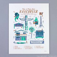 Photo showing the 10x8 inch Vancouver-themed illustrated print with teal, copper foil, and dark blue inks of local motifs and landmarks by Tom Froese.