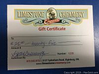 Photo of $25 Limestone Organic Creamery gift certificate with signature and authorization number