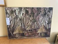 Full view of the painting showing three thatch huts, trees, and human figures in a village scene.