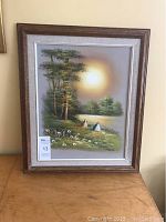 Full view of framed oil painting showing the entire artwork with oak frame and linen liner.