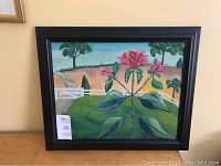 Full view of the stylized still life landscape painting in black ebonized wood frame hung on wall.