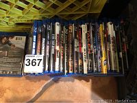 Blu Ray DVD collection viewed from front showing full spines including titles and maxsold lot sticker 367