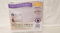 Front package photo showing Protect-A-Bed brand, product name, bug lock and secure seal features, and full size label.