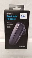 Front of Samsung HM1350 Bluetooth headset box showing product name, image, and features.