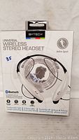 Front view of Bytech wireless Bluetooth stereo headset packaging showing product image and branding